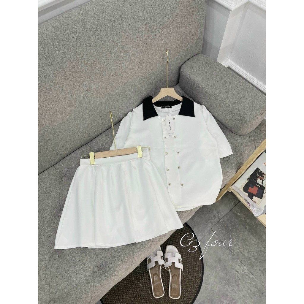 Set áo nút cổ phối trắng kèm chân váy màu đen