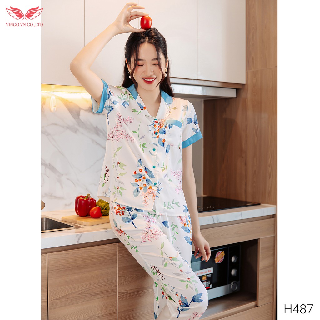 Đồ Bộ Ngủ Nữ Pijama Mặc Nhà VINGO Lụa Pháp Cao Cấp Tay Cộc Quần Dài Họa Tiết Hoa Phối Xanh Thanh Lịch H487 VNGO