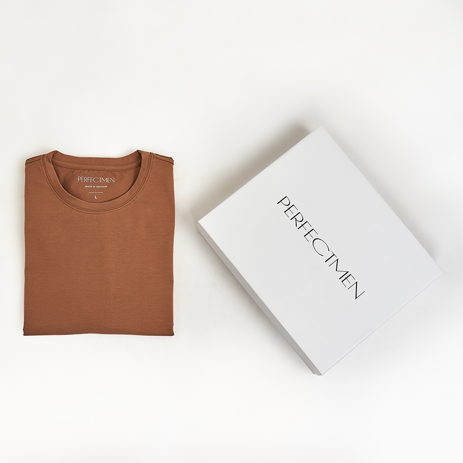 Áo thun trơn nam cổ tròn cao cấp PERFECTMEN vải cotton màu nâu mềm mịn xuất xịn co giãn 4 chiều dày dặn form regular fit