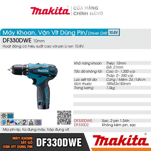 [Chính Hãng] Máy Khoan Bắt Vít Dùng Pin Makita DF330DWE (10.8V-1.3AH) Bảo Hành Tại Các TTBH Toàn Quốc