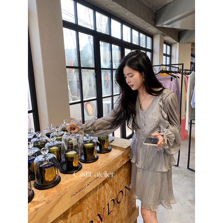 Váy chiffon xanh xám xuân hè