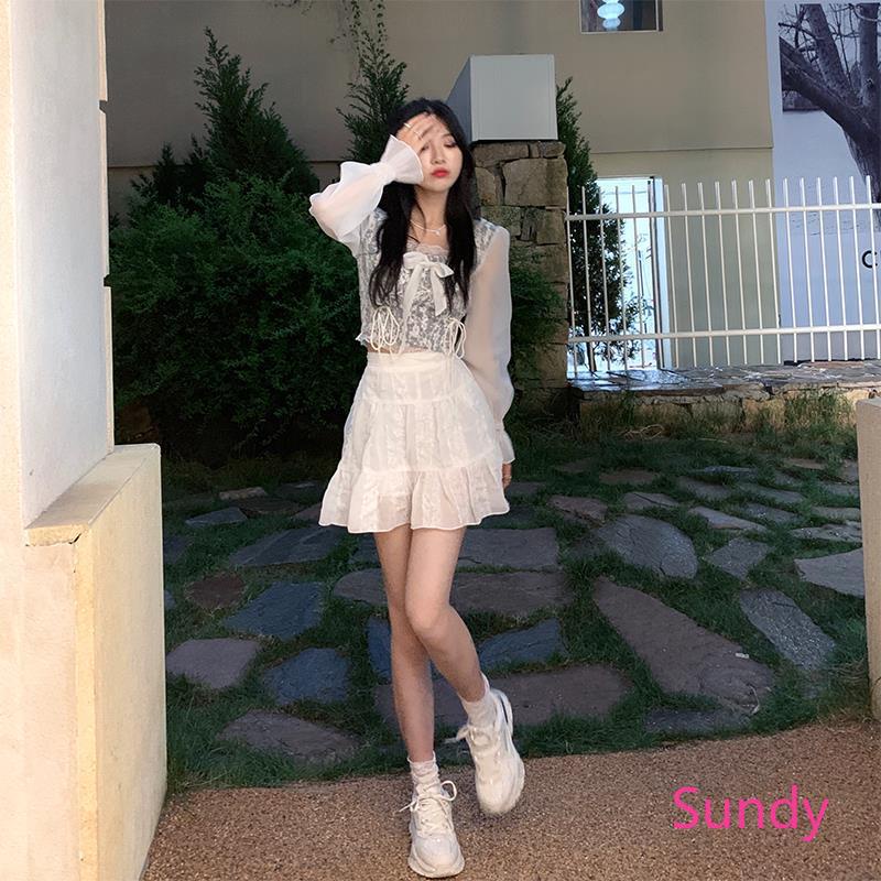 Áo kiểu tay dài lưng cao phối ren ngọt ngào cho nữ