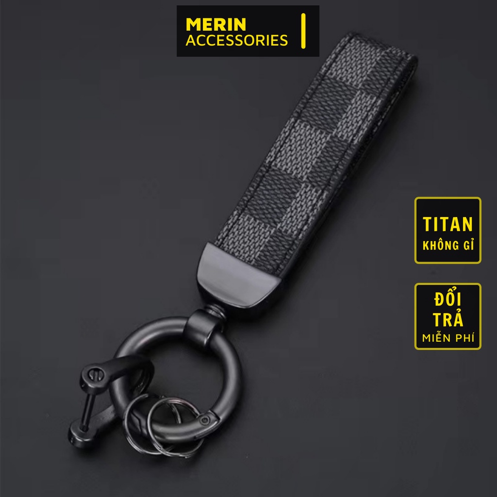 Móc khóa da Merin Accessories màu bạc xanh cao cấp chết liệu Titan chống gỉ - Móc Khóa Da Grey