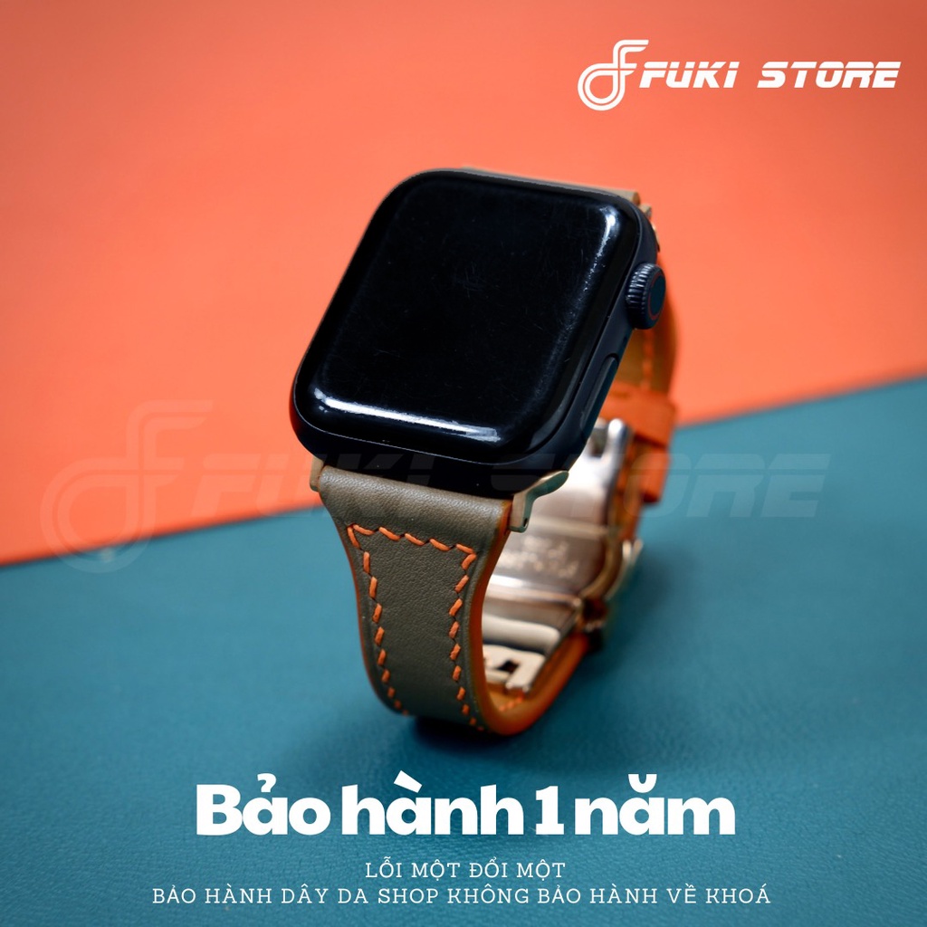 [DÂY DA THẬT] DÂY DA BÊ SWIFT MAY TAY THỦ CÔNG MÀU NÂU TÂY CHỈ CAM CHO APPLE WATCH SERIES 1=&gt;7 (BẢO HÀNH 1 NĂM)