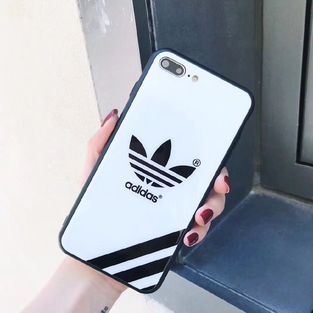 Ốp điện thoại mặt kính cường lực hình logo Adidas cho iPhone 6 6S 7 8 Plus X