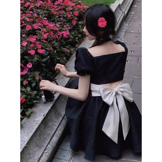 ĐẦM ĐEN BABYDOLL GẤM HOA NỔI NƠ LƯNG