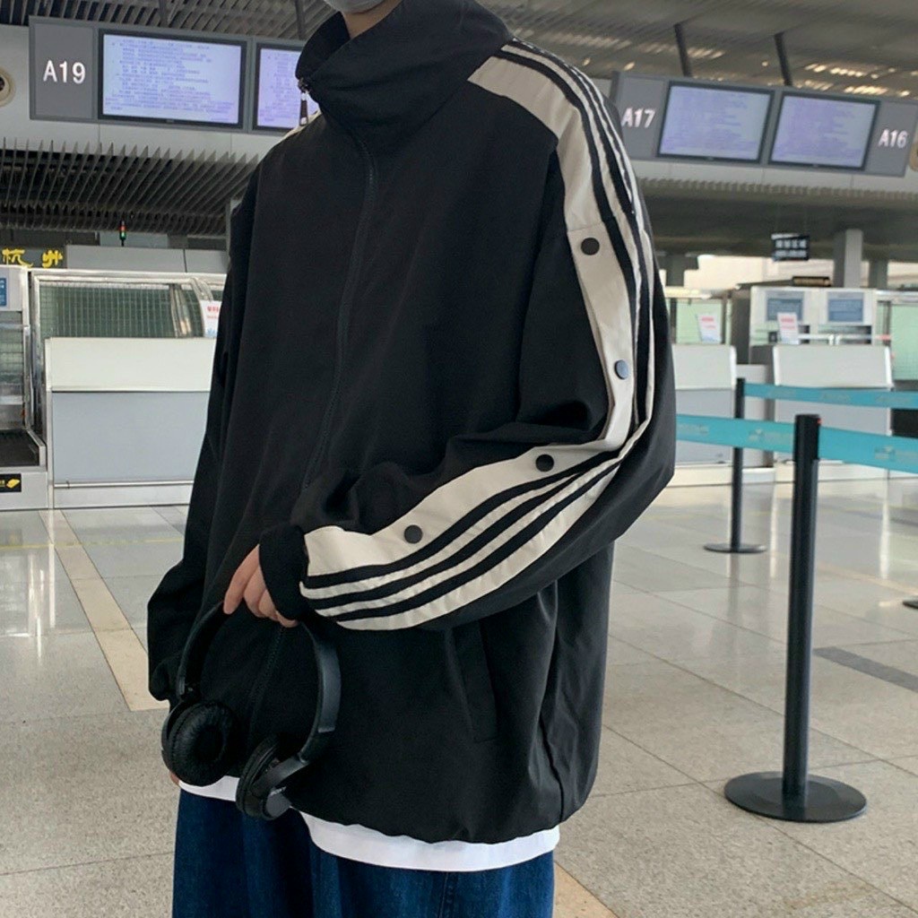 Áo khoác bóng chày form rộng vải dù cao cấp tay chạy 3 sọc phối nút