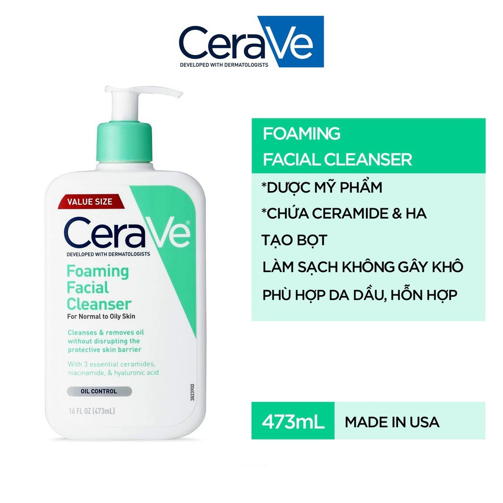 Sữa rửa mặt Cerave Foaming Facial Cleanser bản -  Cerave da dầu & Da Khô các size 236ml - 473ml