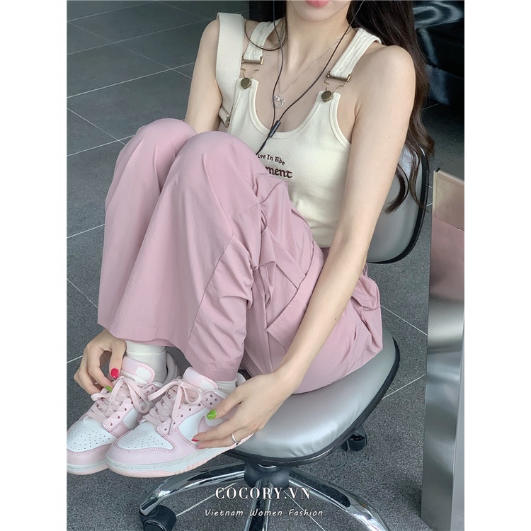 Cocory vn Set Áo Croptop Sát Nách + Quần Dài Lưng Cao Thiết Kế Dáng Rộng Thời Trang Mùa Hè Cho