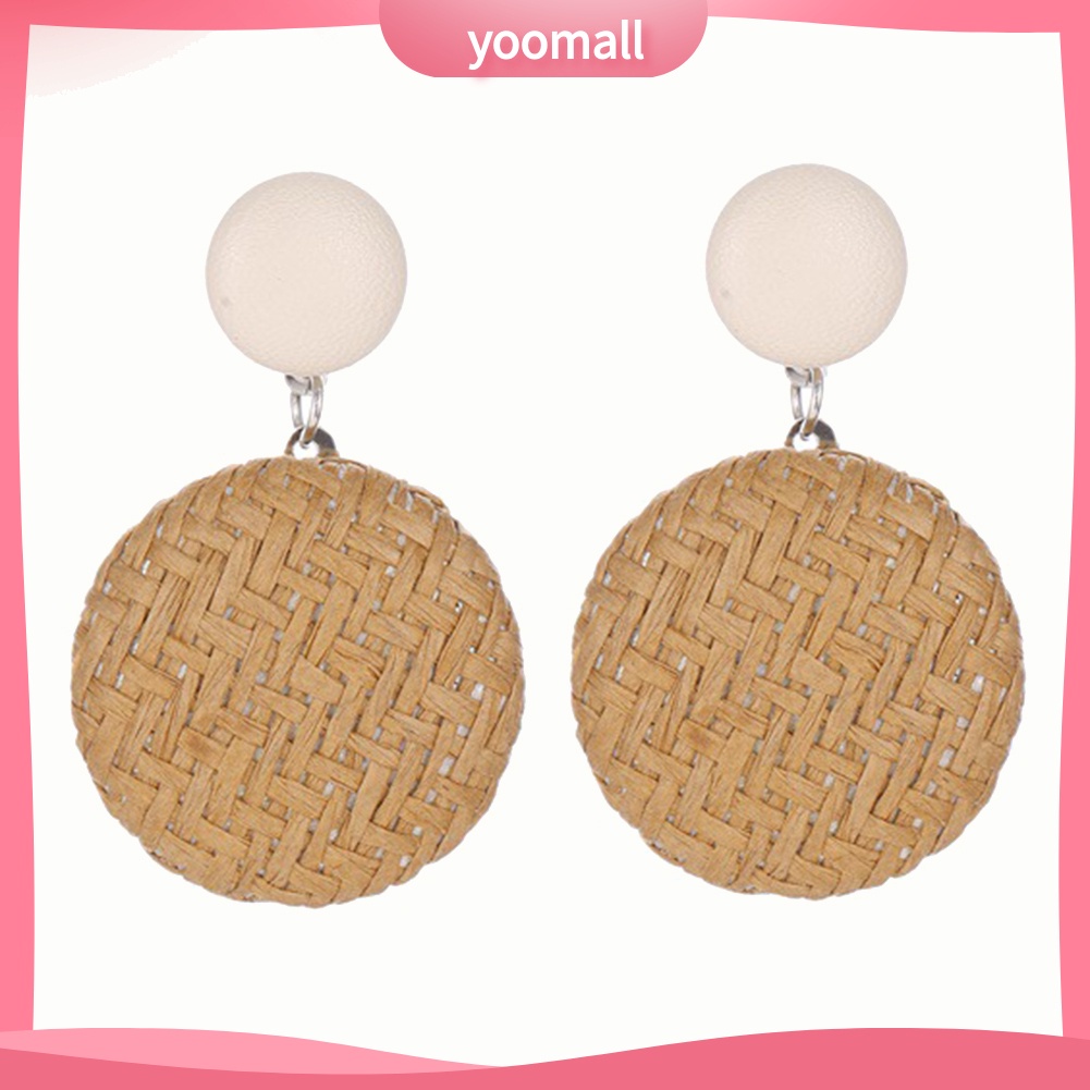 Bông Tai Hình Tròn Bằng Sợi Rơm Đan Đính Nút Phong Cách Boho Thời Trang Cho Nữ