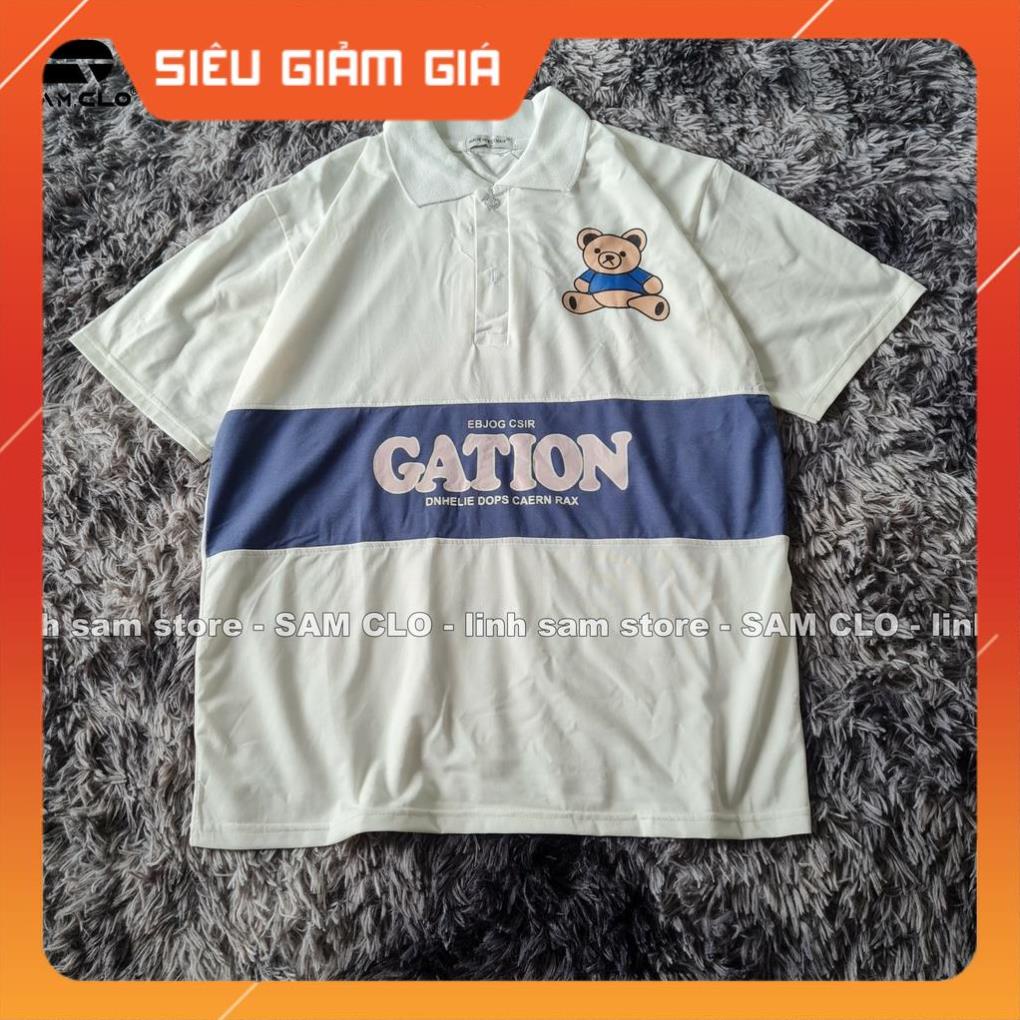Áo thun Polo tay lỡ SAM CLO có cổ form rộng phông freesize dáng unisex mặc cặp, nhóm, lớp, đi học in hình CON GẤU