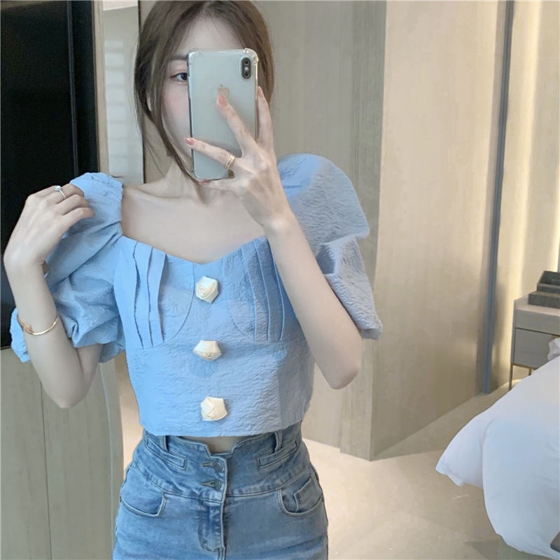 AMOI Áo Kiểu Cổ Vuông Tay Phồng Họa Tiết Sọc Caro Phong Cách Pháp Thời Trang Cho Nữ