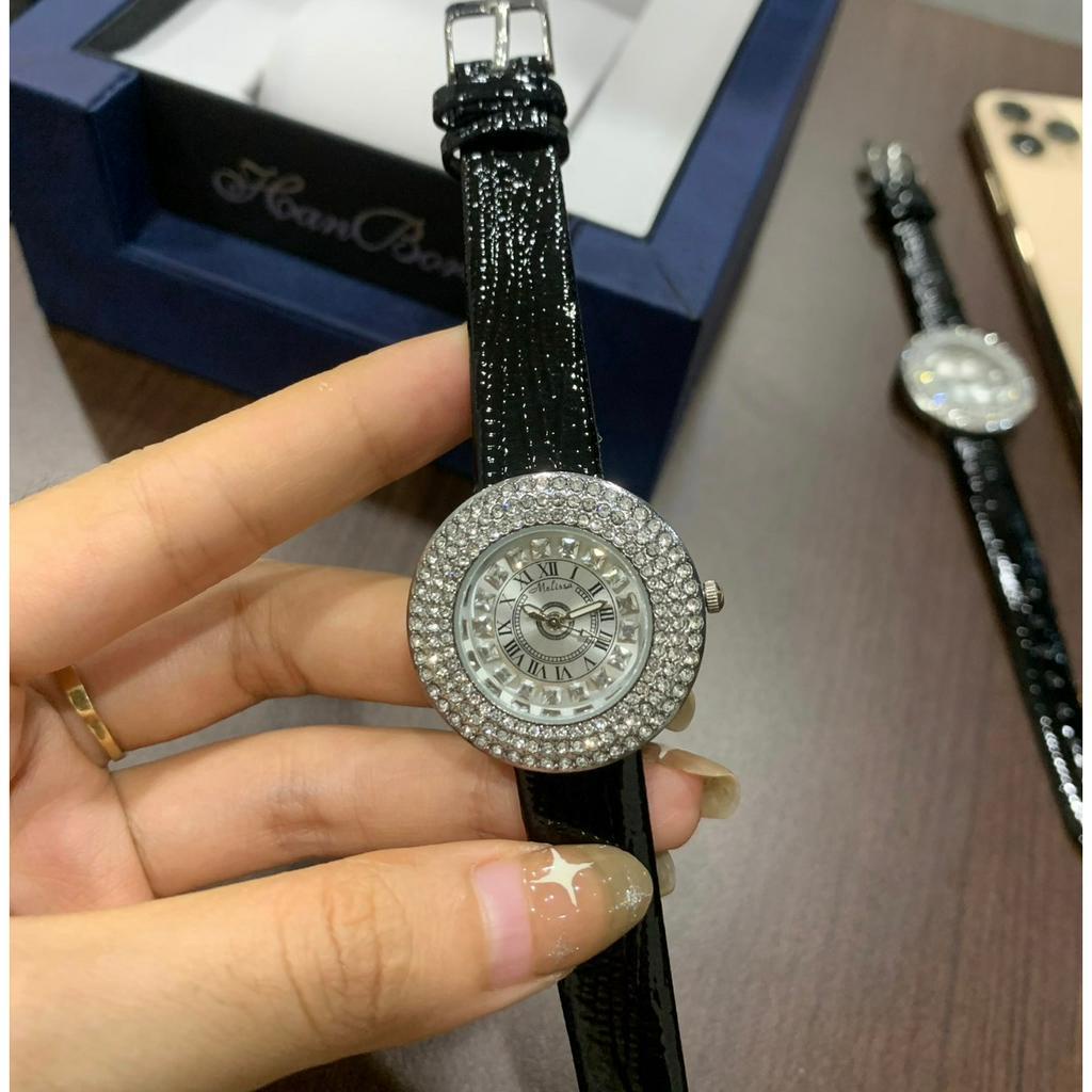 Đồng hồ nữ mặt full đính đá dây da đen vân rắn sang trọng