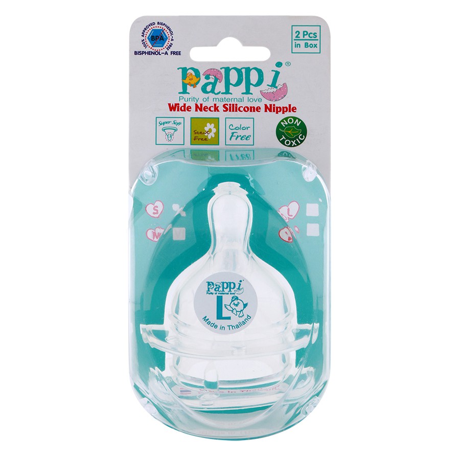 Núm vú silicone mềm cổ rộng Pappi hộp 2 cái Thailand