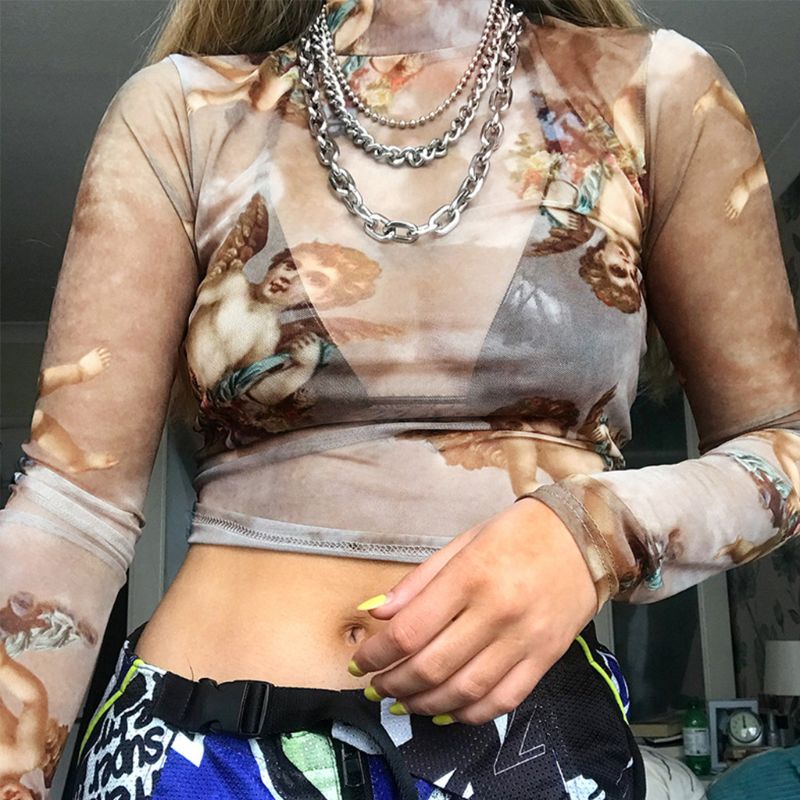 ✿ Áo Croptop Tay Dài Cổ Tròn Hoạ Tiết Thiên Thần Tình Yêu Lãng Mạn