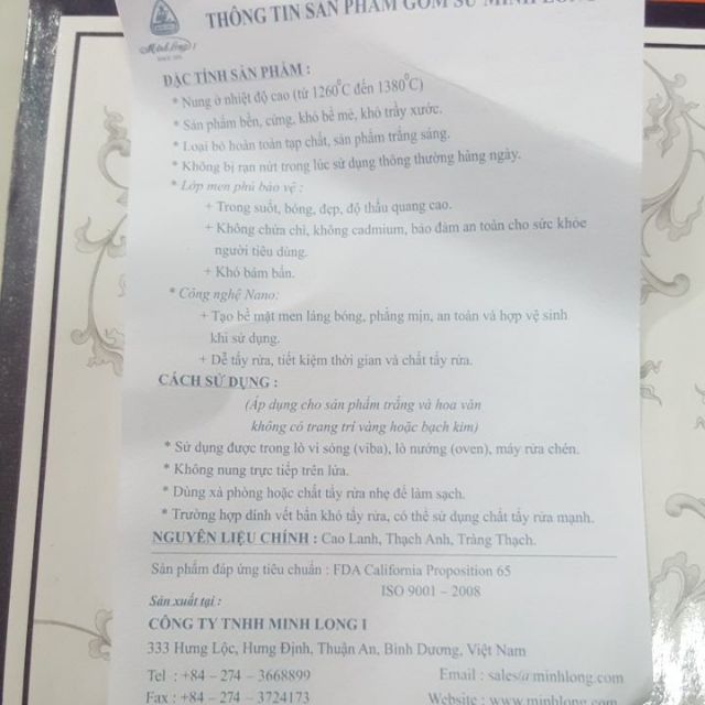 Chén sứ ăn cơm của hãng Minh Long hàng quà tặng fiso