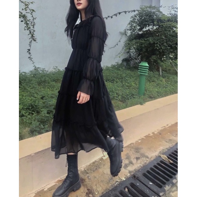 ĐẦM MIDI ĐEN TAY BO CHUN (TH)