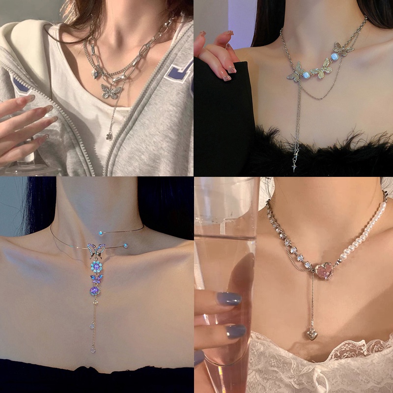 Dây Chuyền Tua Rua Hình Bướm Đính Ngọc Trai Phong Cách Thời Trang Âu Mỹ