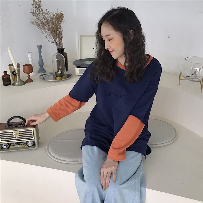 Áo Thun Tay Dài Giả Hai Lớp Dáng Rộng Phong Cách Hàn Quốc Thời Trang 2022 Cho Nữ