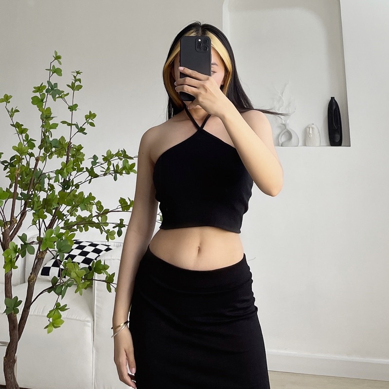 Áo cổ yếm thun gân cột dây ôm sát