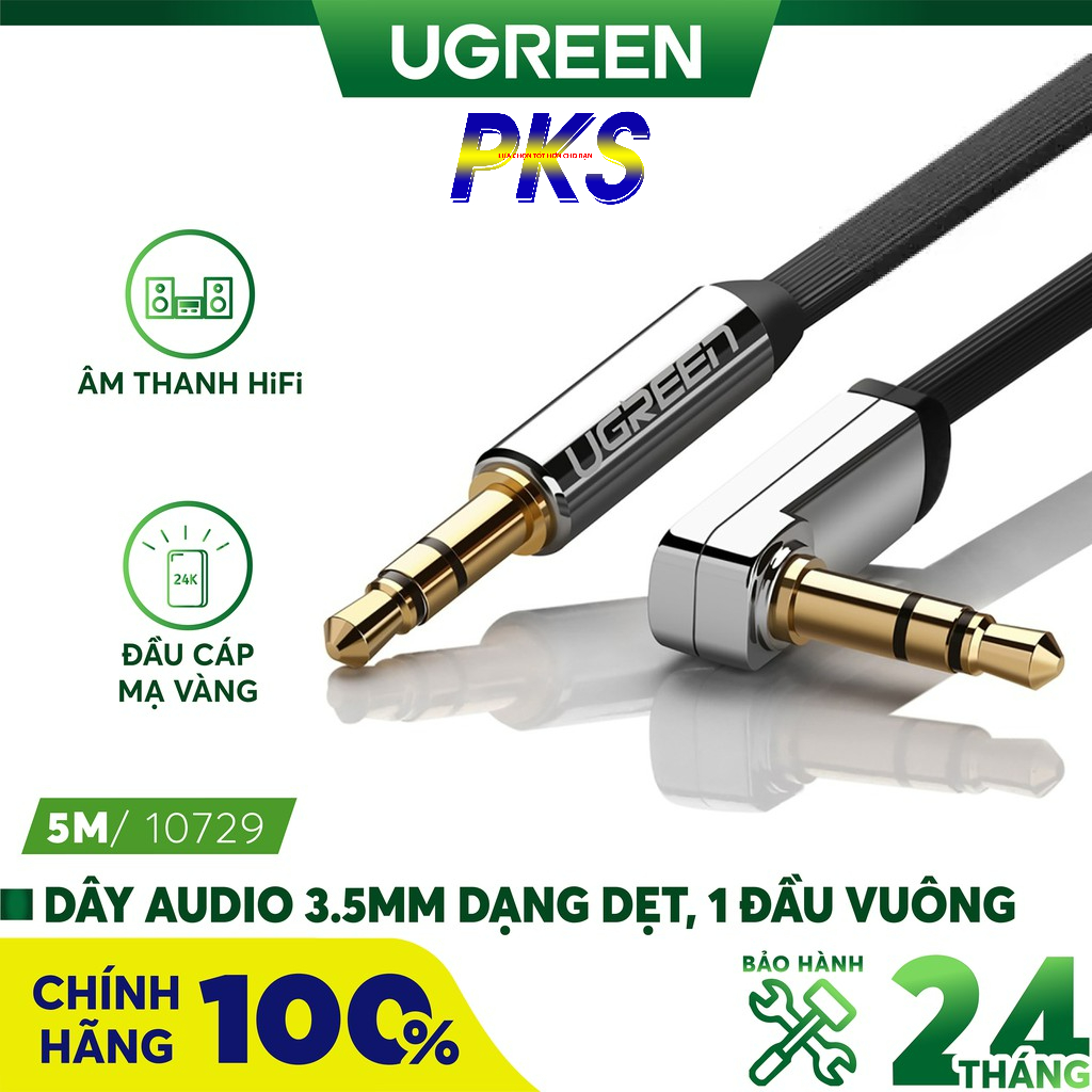 Dây Audio 3.5mm dẹt, mạ vàng 1 đầu vuông 90 dài 1m, 1.5m, 2m, 3m, 5m UGREEN AV119 - Hãng phân phối chính thức