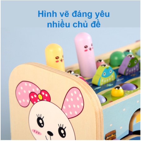 Đồ chơi đập chuột 7in1 có đàn, đồng hồ, câu cá cho bé phát triển phản xạ - bộ đập chuột bằng gỗ giúp bé vừa học vừa chơi