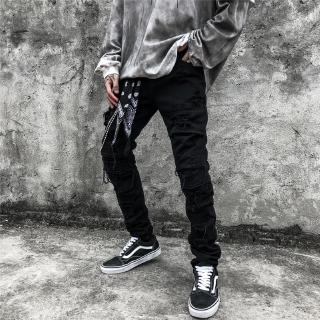 Quần denim dài thiết kế phối rách tua phong cách hip hop đường phố cho nam