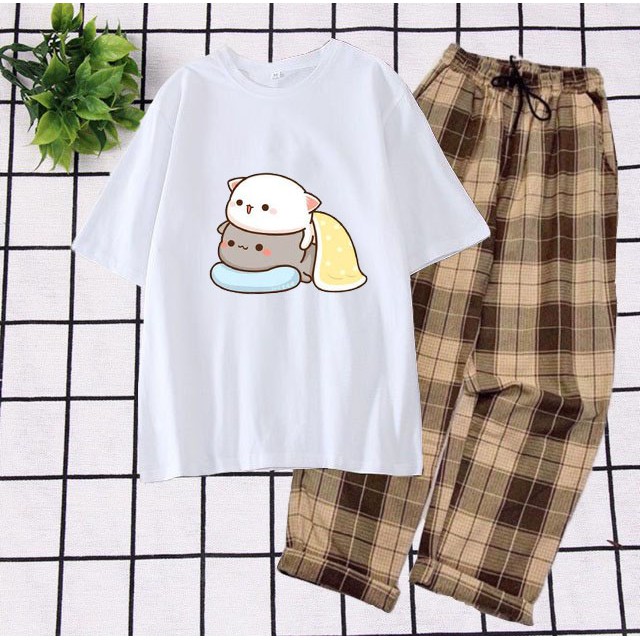 Sét Bộ Đồ Quần Ống Rộng Kẻ Caro Áo Phông Trắng Nữ Ulzzang Mặc Đi Chơi Siêu Xinh, Áo Phông Cotton In Hình Mèo Rất Cute