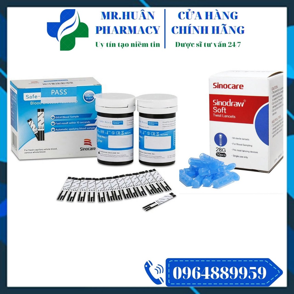 Combo 50 Que thử đường huyết + 50 Kim chích cho máy Sinocare Safe Accu - Kết quả nhanh trong 10s, tự động lấy mẫu máu