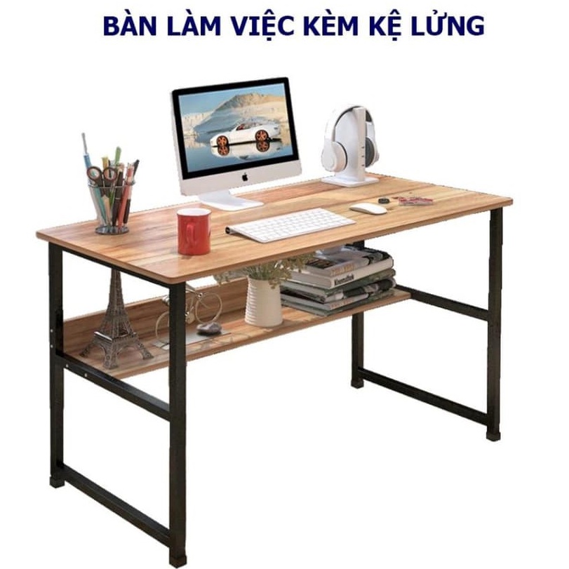 Bàn Học, Bàn Làm Việc Có Kệ Lửng, Khung Thép Đen Tĩnh Điện, Mặt Gỗ Dễ Lắp Ghép