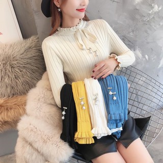 Áo dệt kim nữ cổ lọ tay dài màu trơn thời trang thu đông