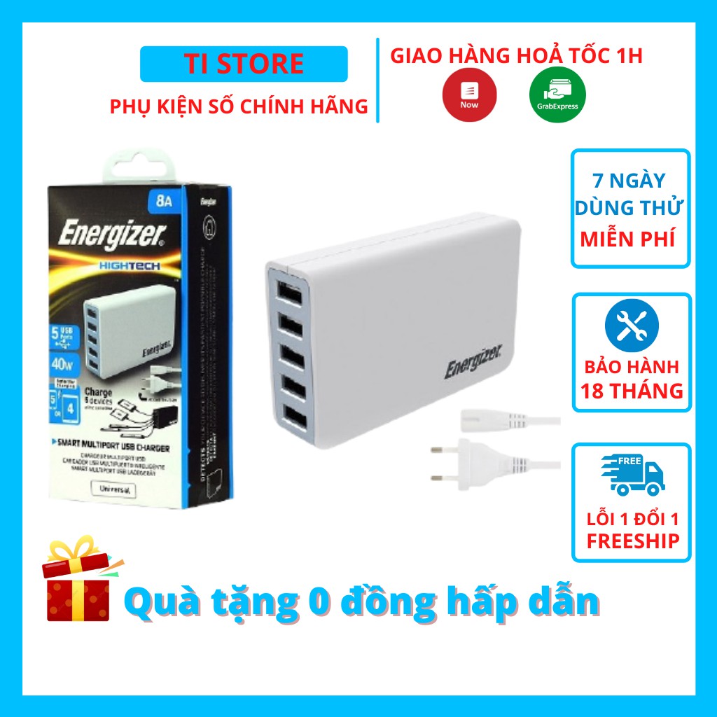 Củ sạc 5 cổng Energizer 40W (5V-8A) tương thích đa thiết bị Fullbox chính hãng - tistore