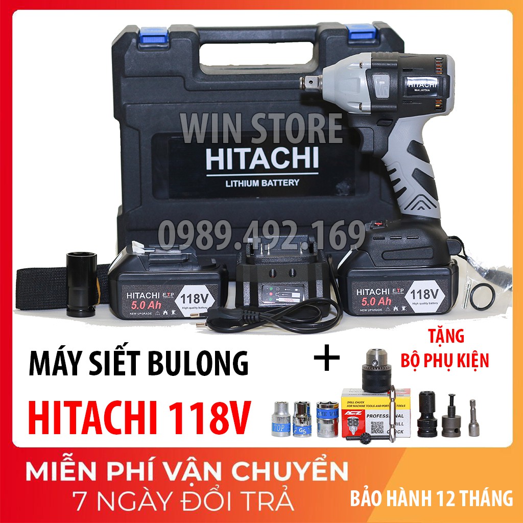 Máy Siết Bulong HITACHI 118V - TẶNG 5 Đầu Khẩu - Không Chổi Than Đầu rỗng Bắt vít Khoan - Pin 10 Cell - Ma