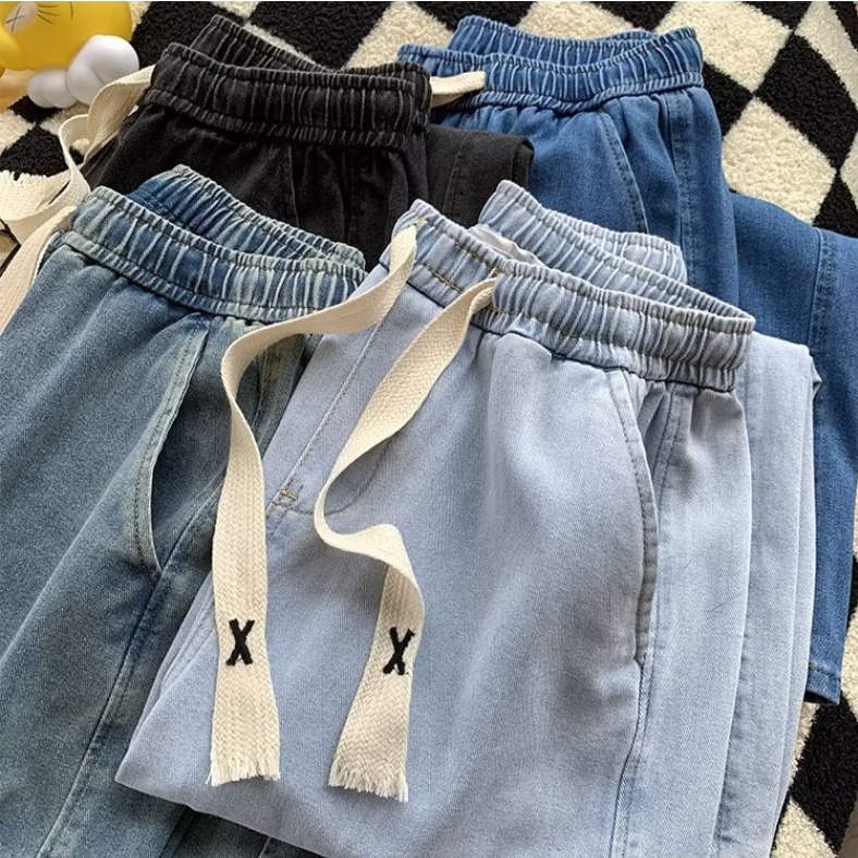 Quần Jean Dài Ống Rộng Lưng Thun Co Giãn Màu Sắc Đơn Giản Thời Trang Mùa Hè Hàn Quốc Cho Nam