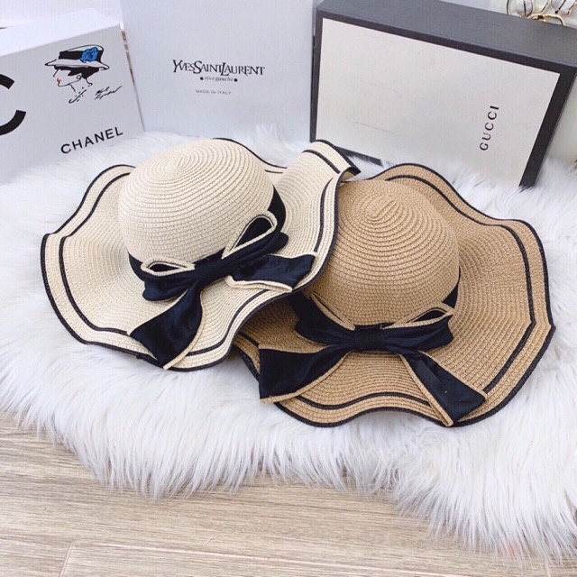 Nón đi biển - mũ cói dây cột nơ có dây viền đen cá tính thời trang nữ