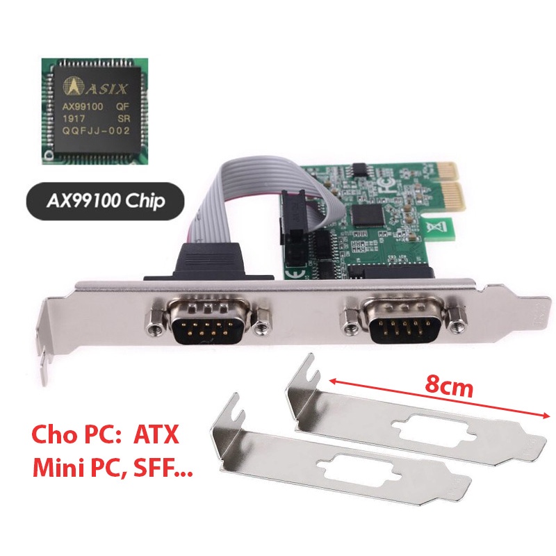 Card PCIE ra 2 COM RS232 chip AX99100 có bo lùn cho SFF (low profile bracket)