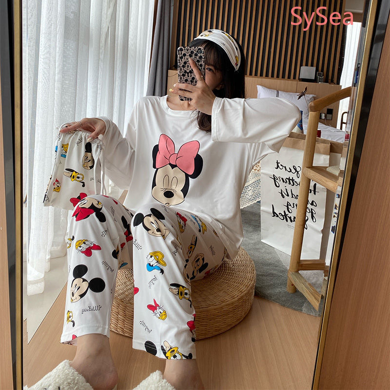 Bộ đồ ngủ tay dài dáng rộng in họa tiết hoạt hình phong cách Hàn Quốc đáng yêu cho nữ