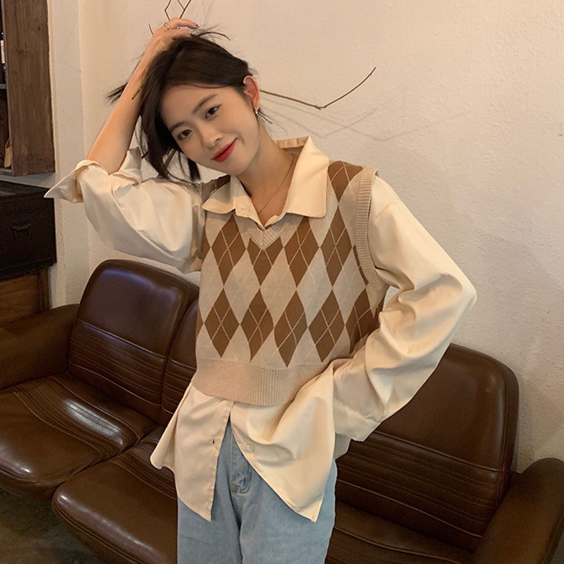 Áo dệt kim sát nách XINLANYASHE họa tiết hình thoi thời trang cho nữ áo len cổ trái tim nữ