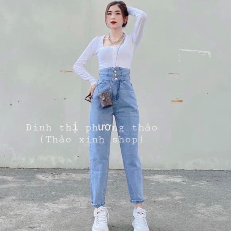 Quần baggy bò 3 khuy đan lưng dáng dài vải đẹp Bingshop