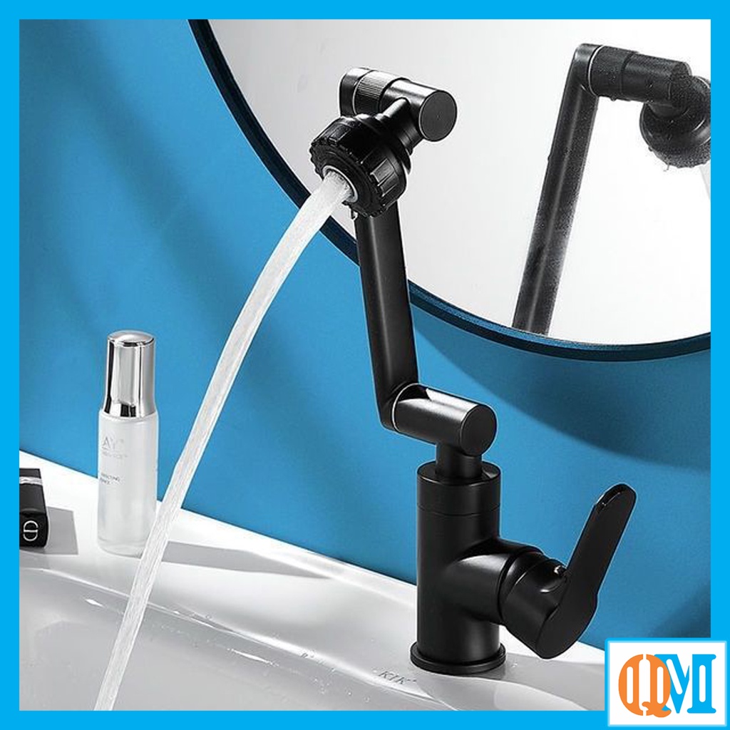Vòi Nước Bồn Rửa Nhà Tắm Nóng Lạnh, Vòi Lavabo bằng Inox Sơn tĩnh điện Đen Xoay 1080 Độ - QM.VR067B2