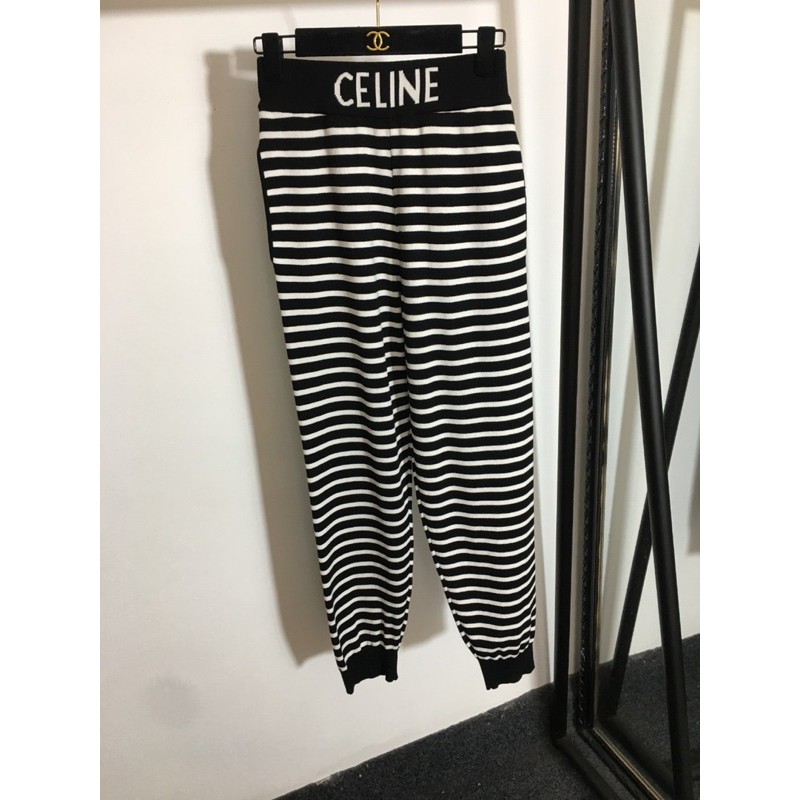 Bộ đồ tập nữ thời trang cao cấp Celine bao gồm áo ba lỗ và quần dài ống rộng hoạ tiết kẻ ngang đen trắng