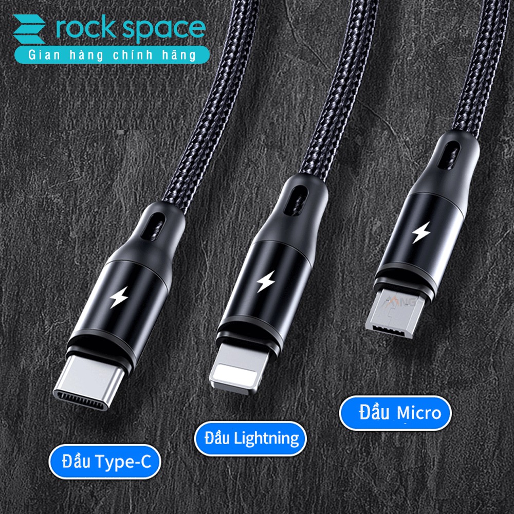 Cáp sạc Rockspace G15 dây dù 3 cổng Lightning / Micro USB/ chuẩn C sạc 3 thiết bị cùng lúc,sạc nhanh, hàng chính hãng