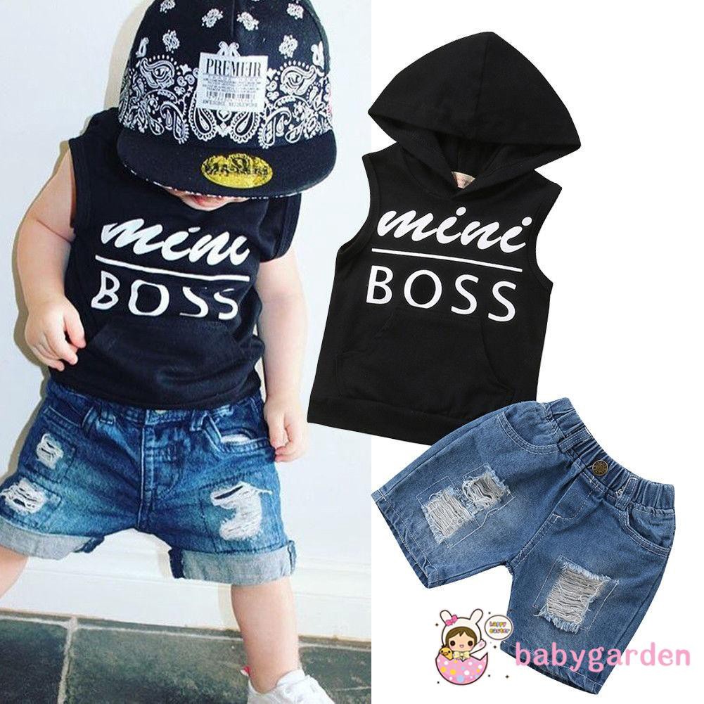 Áo hoodies không tay và quần short vải jean năng động cho bé