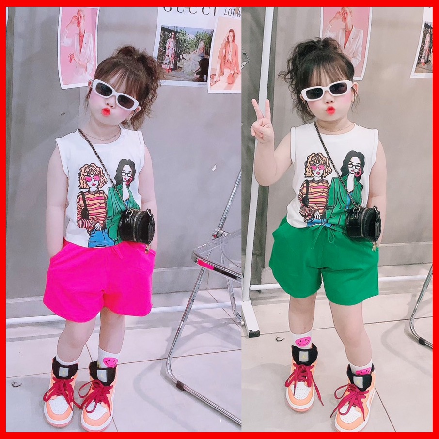 Đồ bộ sát nách mùa hè in cô gái dễ thương cho bé gái từ 13kg-45kg