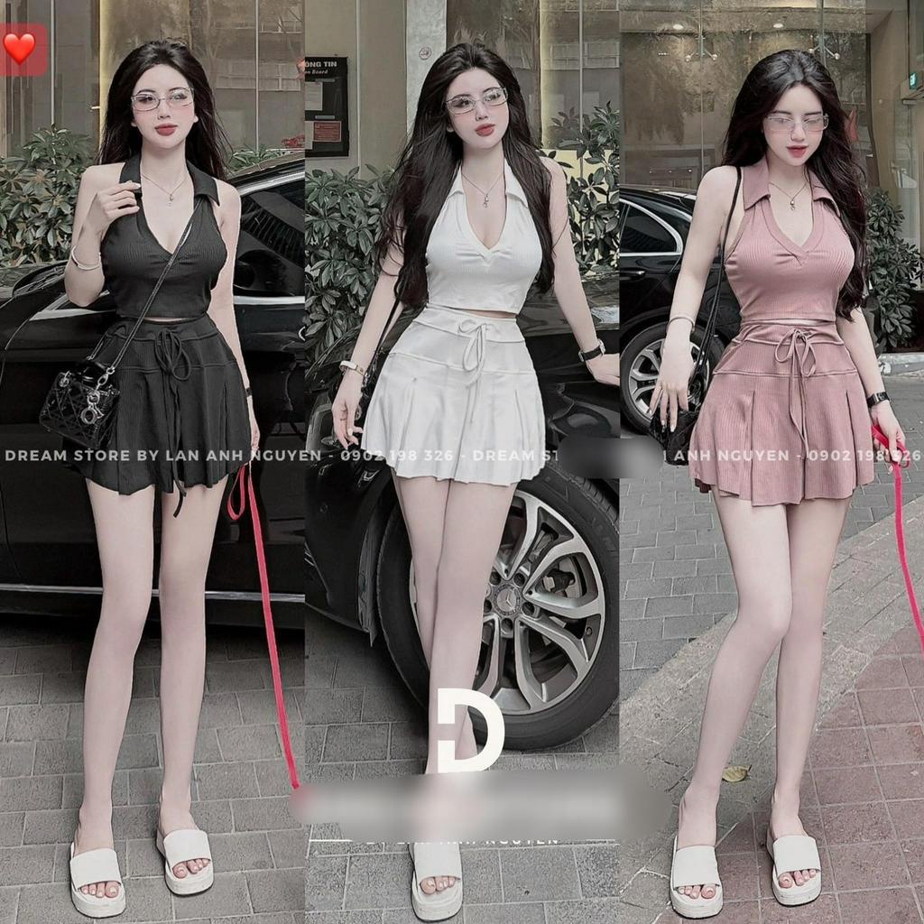 Set bộ mặc nhà đi chơi áo ba lỗ sát nách croptop kiểu cổ bẻ mix quần đùi chất thun gân xinh hot