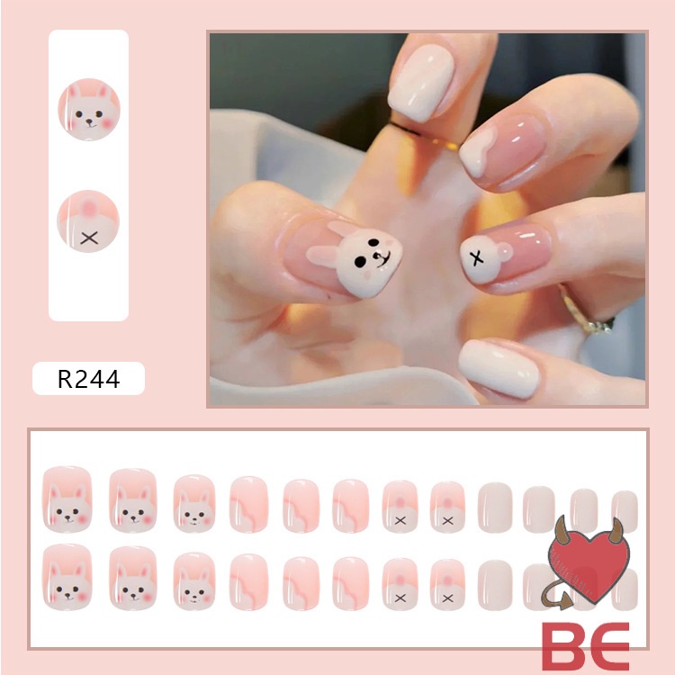 YADORNOS Set 24 móng tay giả họa tiết thỏ hoạt hình đáng yêu