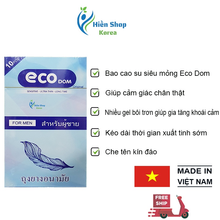 Bao cao su siêu mỏng trơn Eco Dom thái lan nhiều gel bôi trơn kéo dài thời gian chống xuất tinh sớm