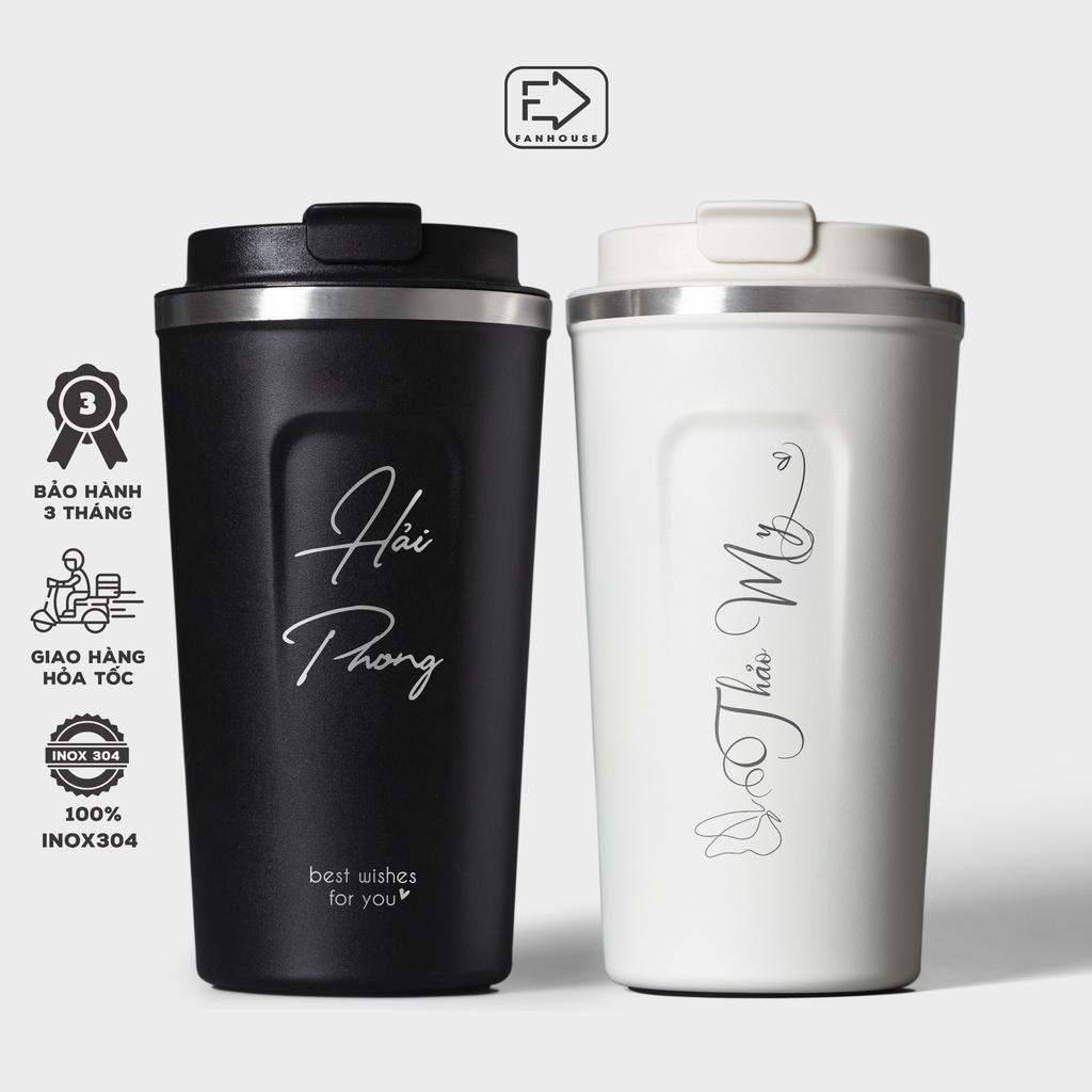 Cốc giữ nhiệt 510ml Fan House ly coffee holic inox 304, bình giữ nhiệt 12h khắc tên theo yêu cầu tặng Sticker trang trí