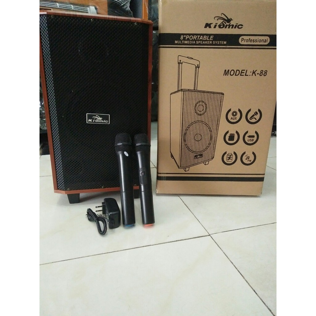 Loa Kéo Kiomic K-88 Bass 20cm, Thùng gỗ, Công suất lớn, Kèm 02 micro không dây