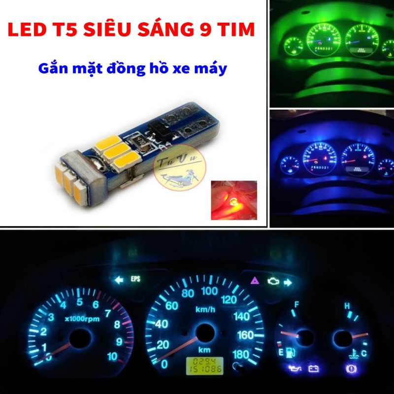 Đèn Led T5 Siêu Sáng 9 Tim Gắn Mặt Đồng Hồ Xe Máy, Đủ Màu Sắc